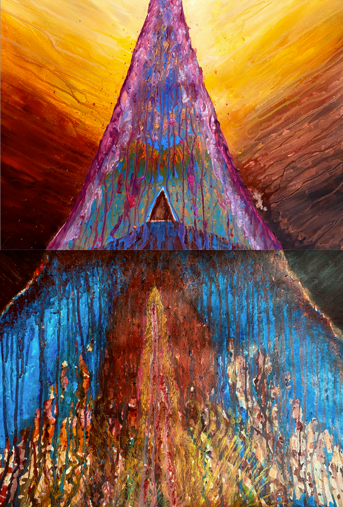 A colourful painting with dark reds, blues, and browns with the letter A emerging in the middle.